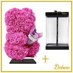 Bier DELUXE op standaard 25cm - fuchsia foam met boeket - in luxe cadeauverpakking 25 cm